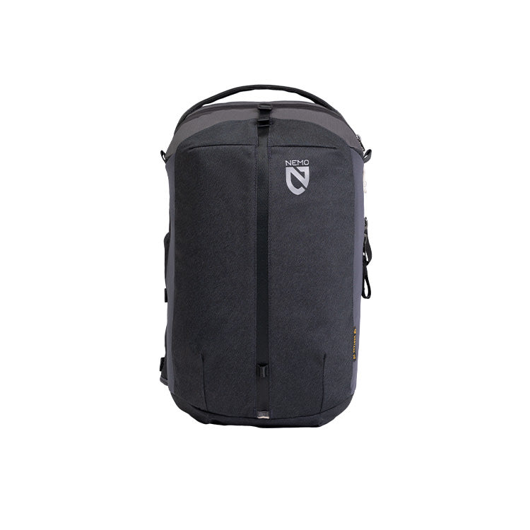 The NEMO Equipment Vantage™ 20L Endless Promise® Day Travel Backpack, in black and gray with top handle, zippered compartments, and front logo, is a durable, recyclable pack shown against a white background.